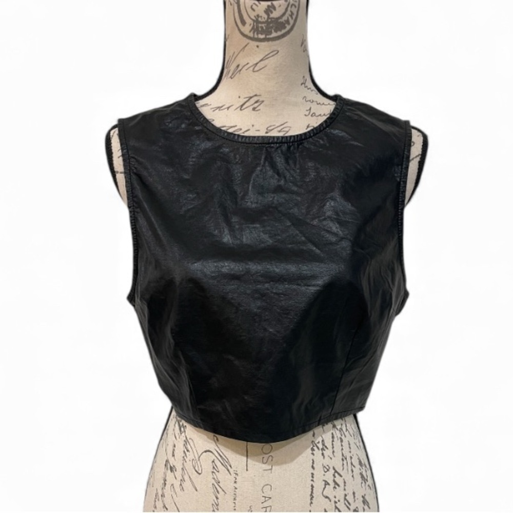 NSR Faux Leather Crop Tank Top Black Medium | Edgy Streetwear Y2K Layering
